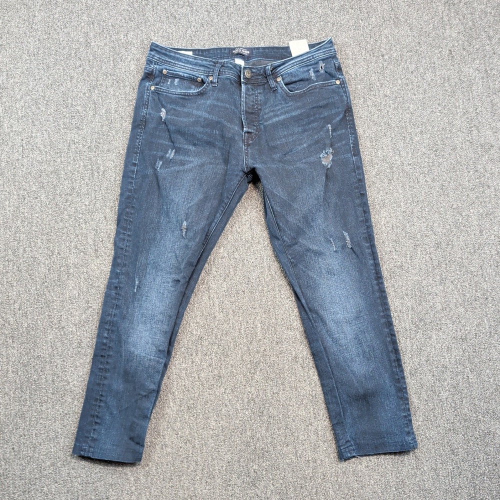 Jack & Jones Tim Slim Fit Distressed Jeans 34x32 Blue Denim Button Fly Tapered